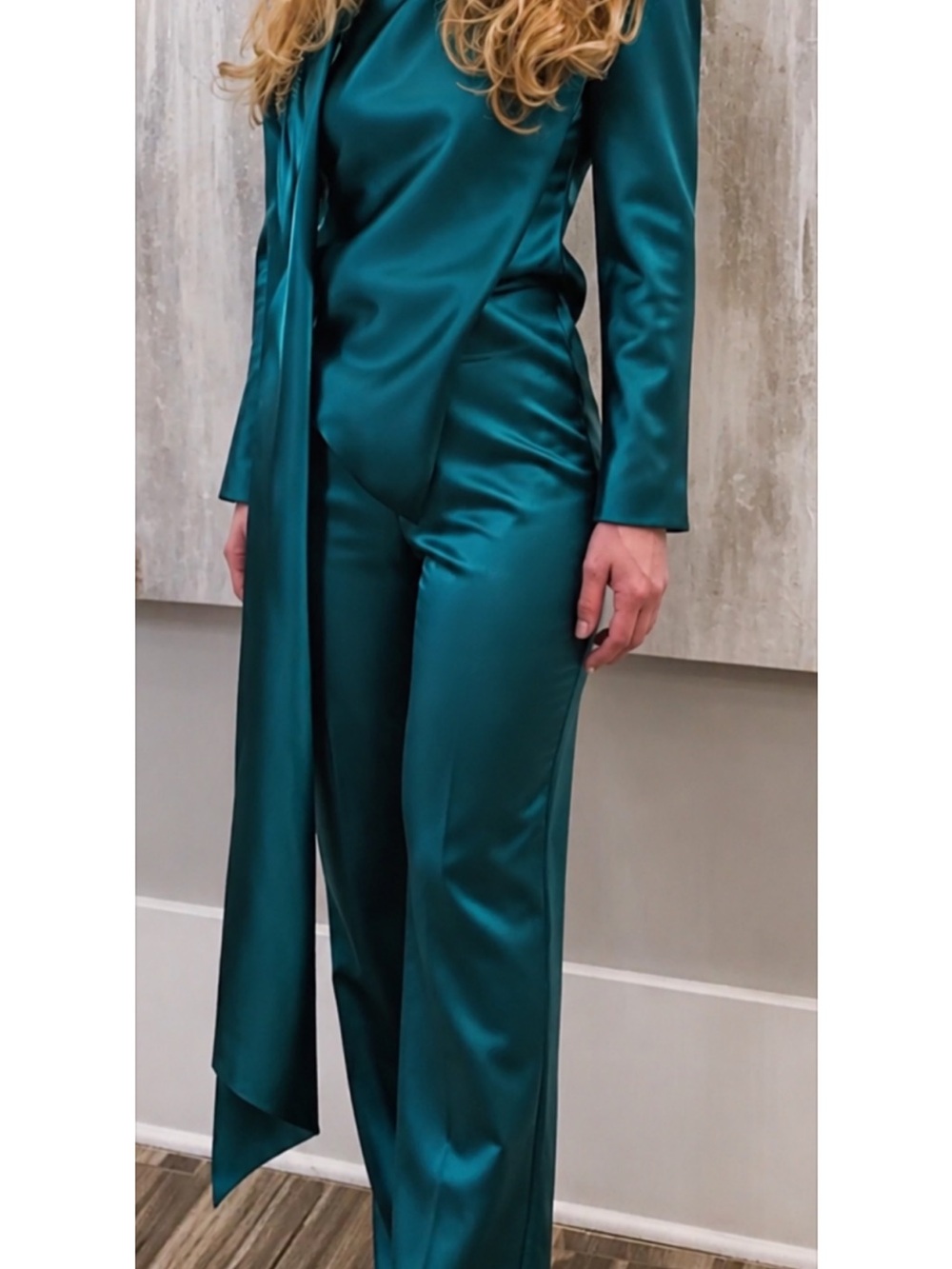 Sally LaPointe Teal Satin Wide-Leg set with Scarf Detail